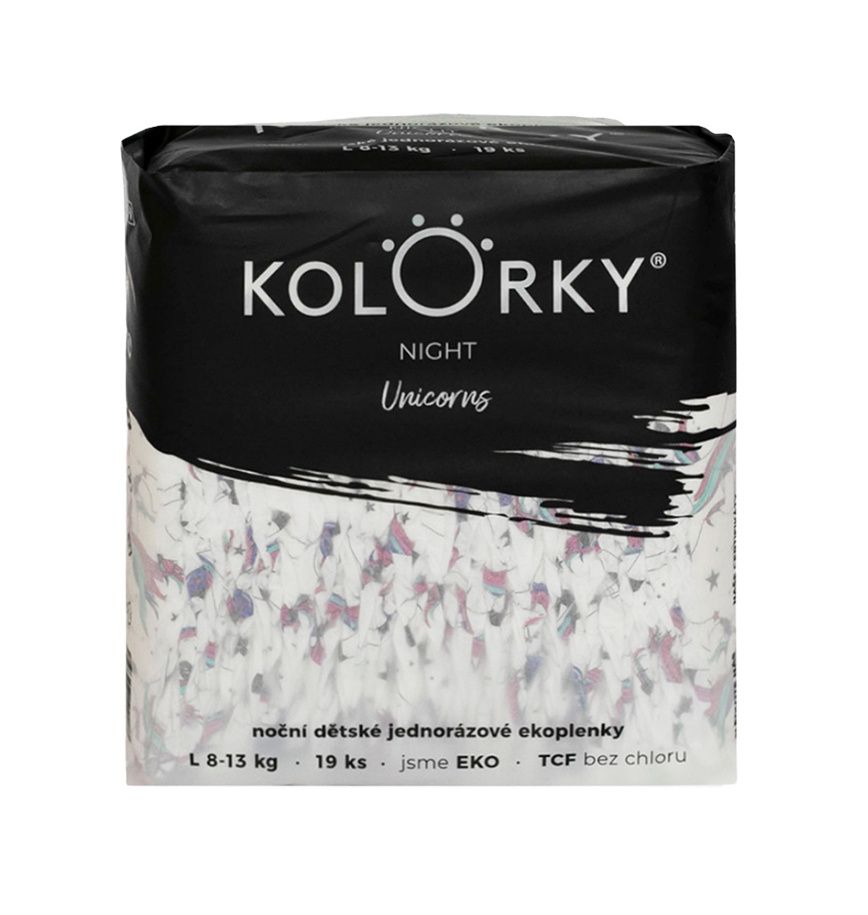 KOLORKY NIGHT Noční jednorázové eko plenky vel. L 8-13 kg 19 ks jednorožci KOLORKY